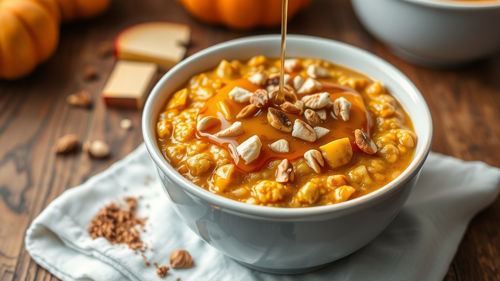 Warm and Spiced Pumpkin Oatmeal Recipe A cozy bowl of pumpkin oatmeal garnished with nuts and maple syrup on a rustic table.
